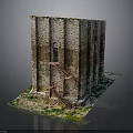 Ancient Stone Tower Structure Featuring Red Staircase And Grass Covered Base