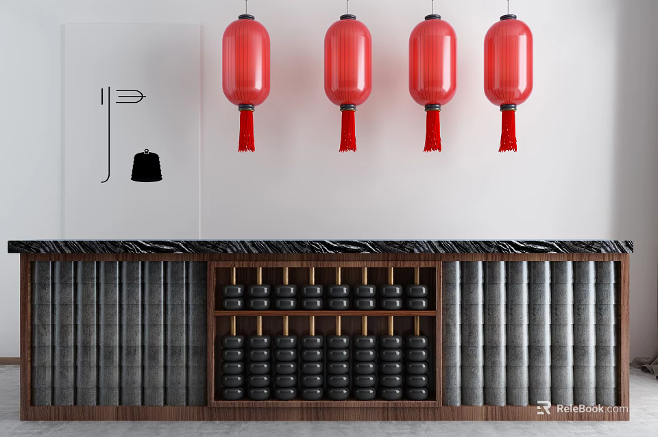 Traditional Reception Desk With Red Lanterns And Wooden Abacus Decorations 3d model 