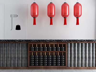 Traditional Reception Desk With Red Lanterns And Wooden Abacus Decorations 3d model
