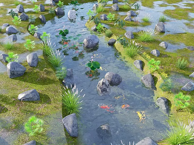 Natural Water Fountain Landscape With Stones Aquatic Plants And Koi Fish 3d model