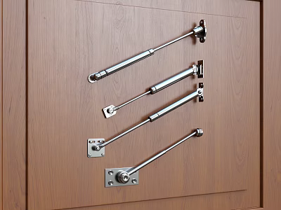 Silver Gas Struts Installed On Wooden Kitchen Cabinet Door Surface 3d model