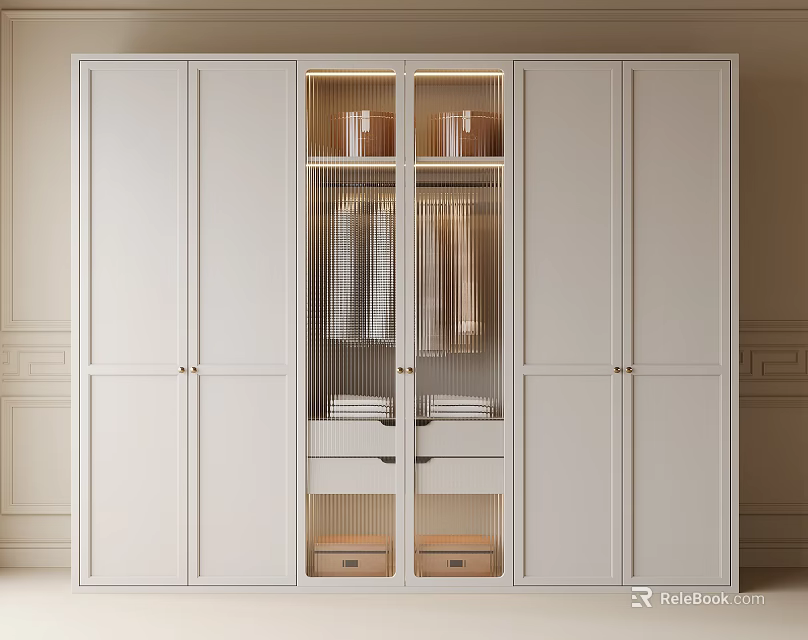 White Modern Wardrobe with Glass Door Sections and Clothing Storage Shelves 3d model 