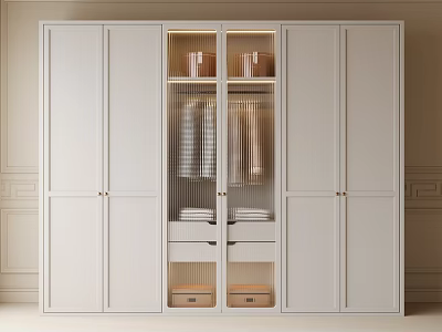 White Modern Wardrobe with Glass Door Sections and Clothing Storage Shelves 3d model