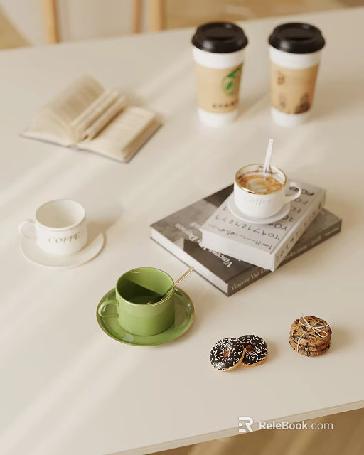 Cozy Lifestyle Books Display With Open Pages Stacked Copies Coffee Cups And Cookies 3d model 