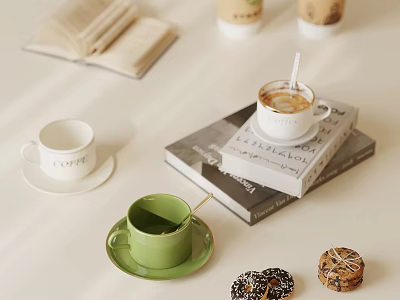 Cozy Lifestyle Books Display With Open Pages Stacked Copies Coffee Cups And Cookies 3d model