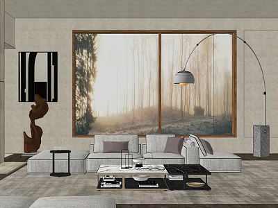 Modern Living Room With Sectional Sofa Large Landscape Painting Floor Lamp And Coffee Table 3d model