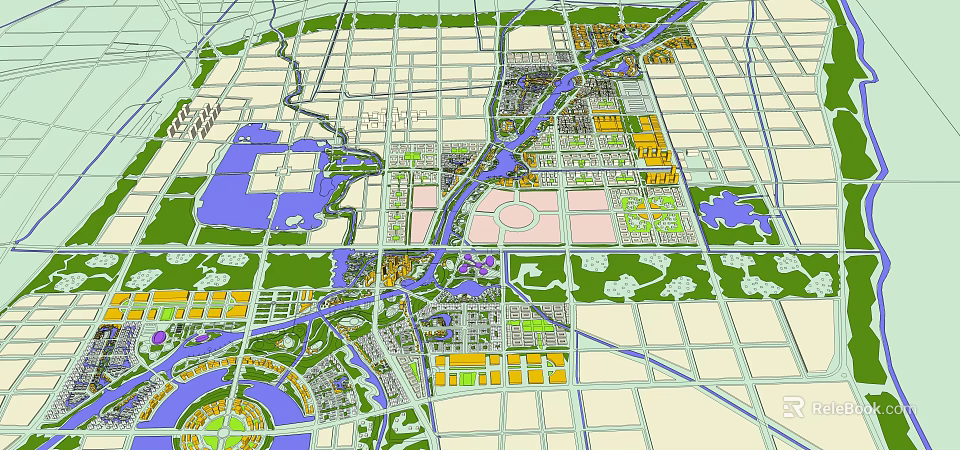 Detailed Aerial Planning of Urban Layout with River Green Spaces and Functional Zones 3d model 