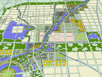 Detailed Aerial Planning of Urban Layout with River Green Spaces and Functional Zones 3d model