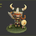 Cartoon Man In Horned Viking Helmet Red Hair Holding Sword Shield On Green Grass