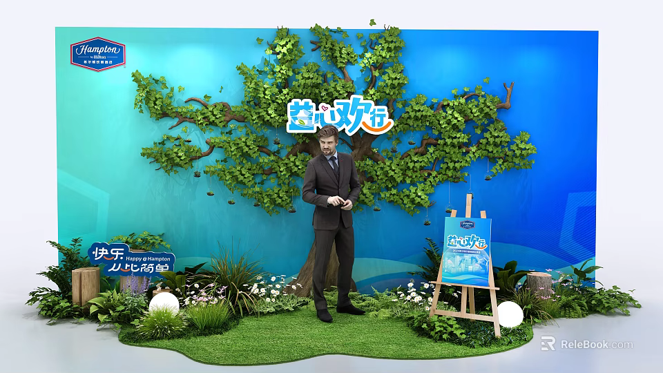 Joyful Check-in Activity with Man in Suit by Green Tree and Easel on Blue Background 3d model 