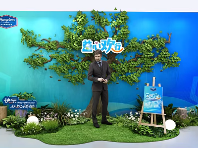 Joyful Check-in Activity with Man in Suit by Green Tree and Easel on Blue Background 3d model