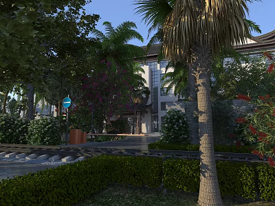 Road Facilities Featuring Palm Trees Greenery Blue Traffic Sign Pathway Hedges And Modern Building 3d model