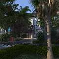 Road Facilities Featuring Palm Trees Greenery Blue Traffic Sign Pathway Hedges And Modern Building