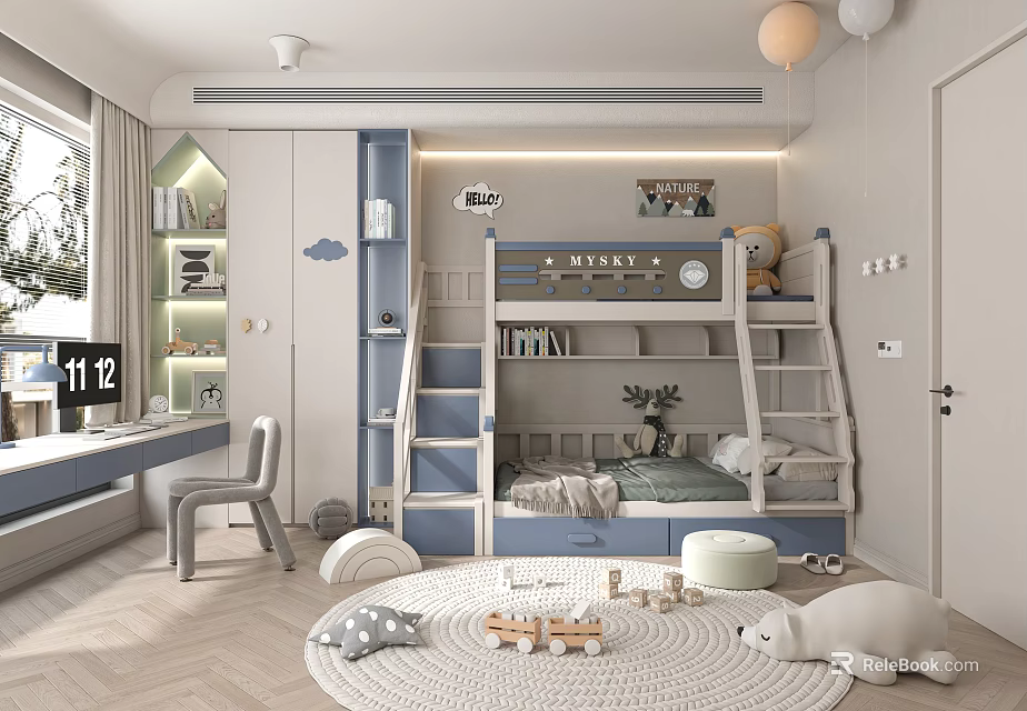 Modern Kids Room Interior With Bunk Bed Stuffed Animal Toys Bookshelf And Play Rug 3d model 