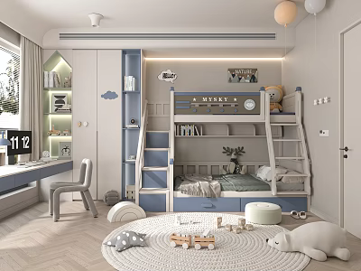Modern Kids Room Interior With Bunk Bed Stuffed Animal Toys Bookshelf And Play Rug 3d model