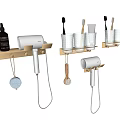Bathroom Accessories with Golden Wall Mounted Racks Hair Dryers and Glass Cups