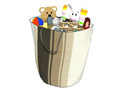 Striped Toy Storage Bin with Teddy Bear Stuffed Toys and Colorful Rabbit for Kids 3d model