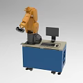 Industrial Equipment Robotic Arm Workstation With Blue Control Console And Computer