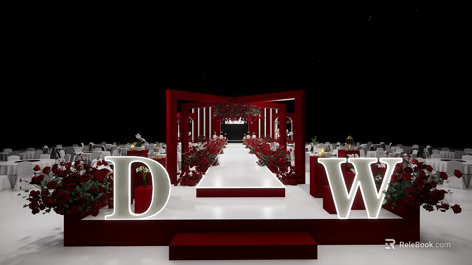 Elegant Banquet Hall With Red Decor D And W Letters Red Carpet And Flower Arrangements 3d model 
