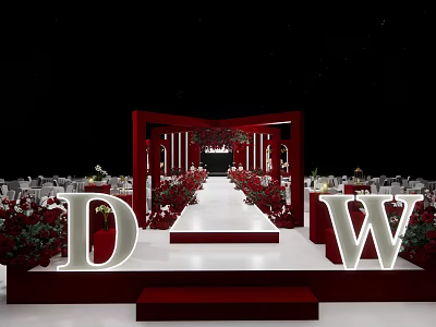 Elegant Banquet Hall With Red Decor D And W Letters Red Carpet And Flower Arrangements 3d model