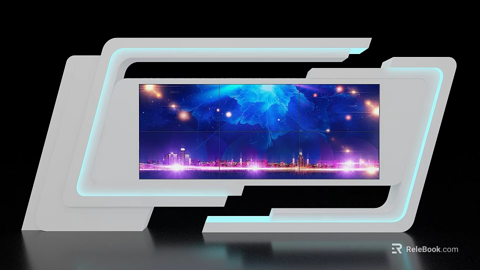 Modern Exhibition Island With Large Screen Displaying City Night View And Futuristic Lighting Effects 3d model 
