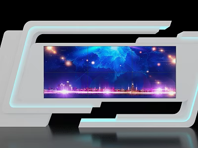 Modern Exhibition Island With Large Screen Displaying City Night View And Futuristic Lighting Effects 3d model