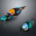 Three Colorful Birds With Vibrant Blue Yellow Green Feathers On Dark Background