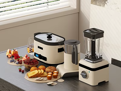 Modern Kitchen Countertop Appliances Including Toaster Coffee Maker Blender And Breakfast Items 3d model