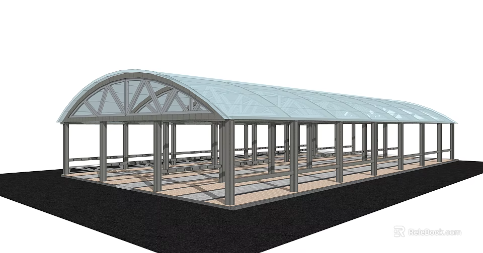 Curved Glass Roof Structure With Metal Frame Supporting Columns And Paved Floor 3d model 