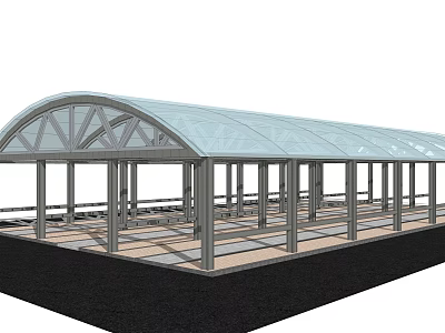 Curved Glass Roof Structure With Metal Frame Supporting Columns And Paved Floor 3d model