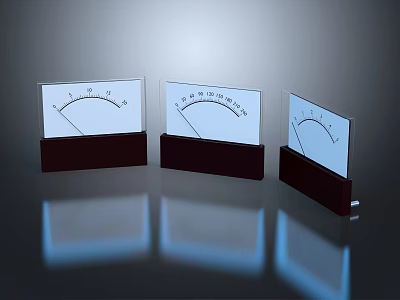 Three Analog Meters With White Dials Black Bases And Scales On Dark Background With Reflections 3d model