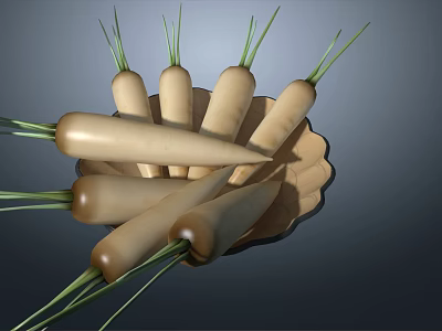 Fresh White Carrots with Green Tops Placed on Light Colored Plate 3d model