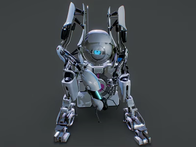Futuristic Robot Dog With Silver Metallic Body And Blue Glowing Eyes 3d model