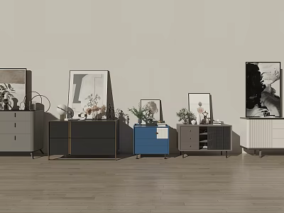 Modern Entryway Cabinets and Side Consoles With Framed Art Plants and Storage Drawers 3d model