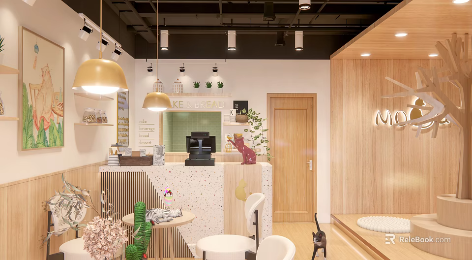 Modern Cozy Dessert Shop Interior With Wooden Counter Golden Pendant Lights And Decorative Plants 3d model 