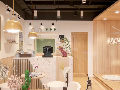 Modern Cozy Dessert Shop Interior With Wooden Counter Golden Pendant Lights And Decorative Plants 3d model