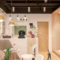 Modern Cozy Dessert Shop Interior With Wooden Counter Golden Pendant Lights And Decorative Plants