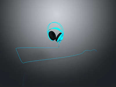 Blue Computer Headphones With Black Earpads Curved Cable And Reflection On Gray Background 3d model