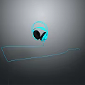 Blue Computer Headphones With Black Earpads Curved Cable And Reflection On Gray Background