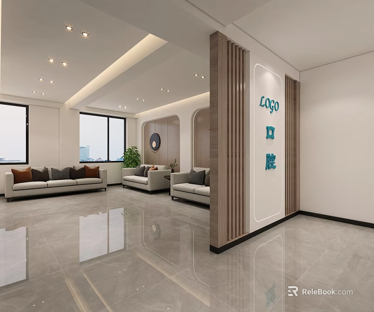 Modern Reception Area Interior With Sofas Plant Large Windows And Logo Partition Wall 3d model 