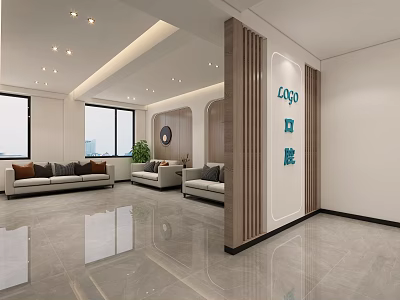 Modern Reception Area Interior With Sofas Plant Large Windows And Logo Partition Wall 3d model
