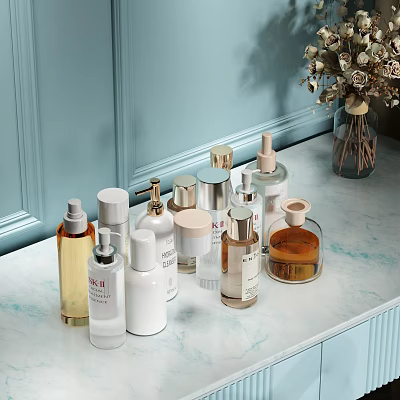 Elegant Perfume And Cosmetic Bottles On Marble Countertop With Blue Wall And Floral Bouquet 3d model
