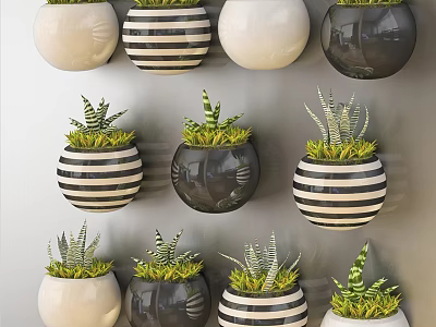 Wall Mounted Black And White Striped Potted Green Plants For Home Decor 3d model