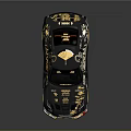 Black Sports Car With Gold Patterns Rear Spoiler And Yellow Wheels On Black Background