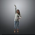 Woman Wearing White Top Blue Jeans Brown Boots Raising Right Hand Against Gray Background