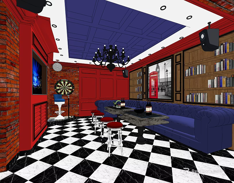 KTV Lounge Design With Red Walls Blue Sofas Checkered Floor Chandelier TV Bookshelves And Dartboard 3d model 