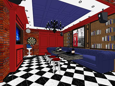 KTV Lounge Design With Red Walls Blue Sofas Checkered Floor Chandelier TV Bookshelves And Dartboard 3d model