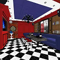 KTV Lounge Design With Red Walls Blue Sofas Checkered Floor Chandelier TV Bookshelves And Dartboard