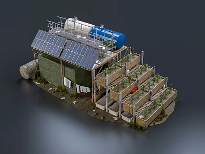 Sustainable Garden Landscape with Solar Panels Water Tank and Multi Level Planting Beds 3d model