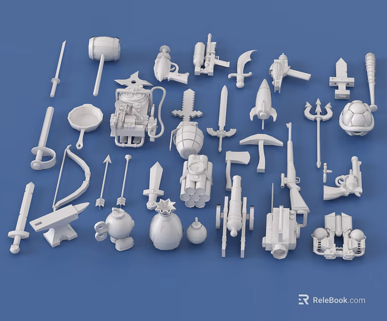 3D Printed White Weapon Models Collection With Various Types And Designs On Blue Background 3d model 
